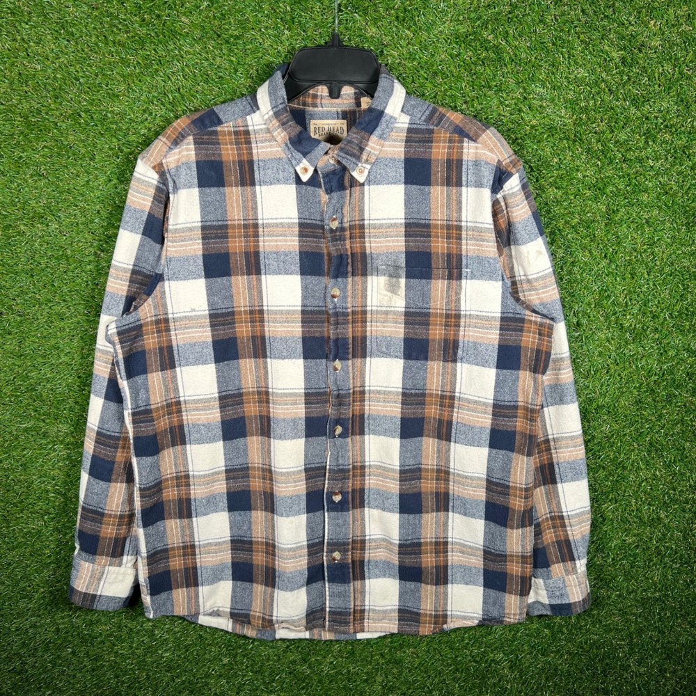 RedHead Brand Co Mens XL Plaid Flannel Button Down Shirt Navy Brown Outdoorsman